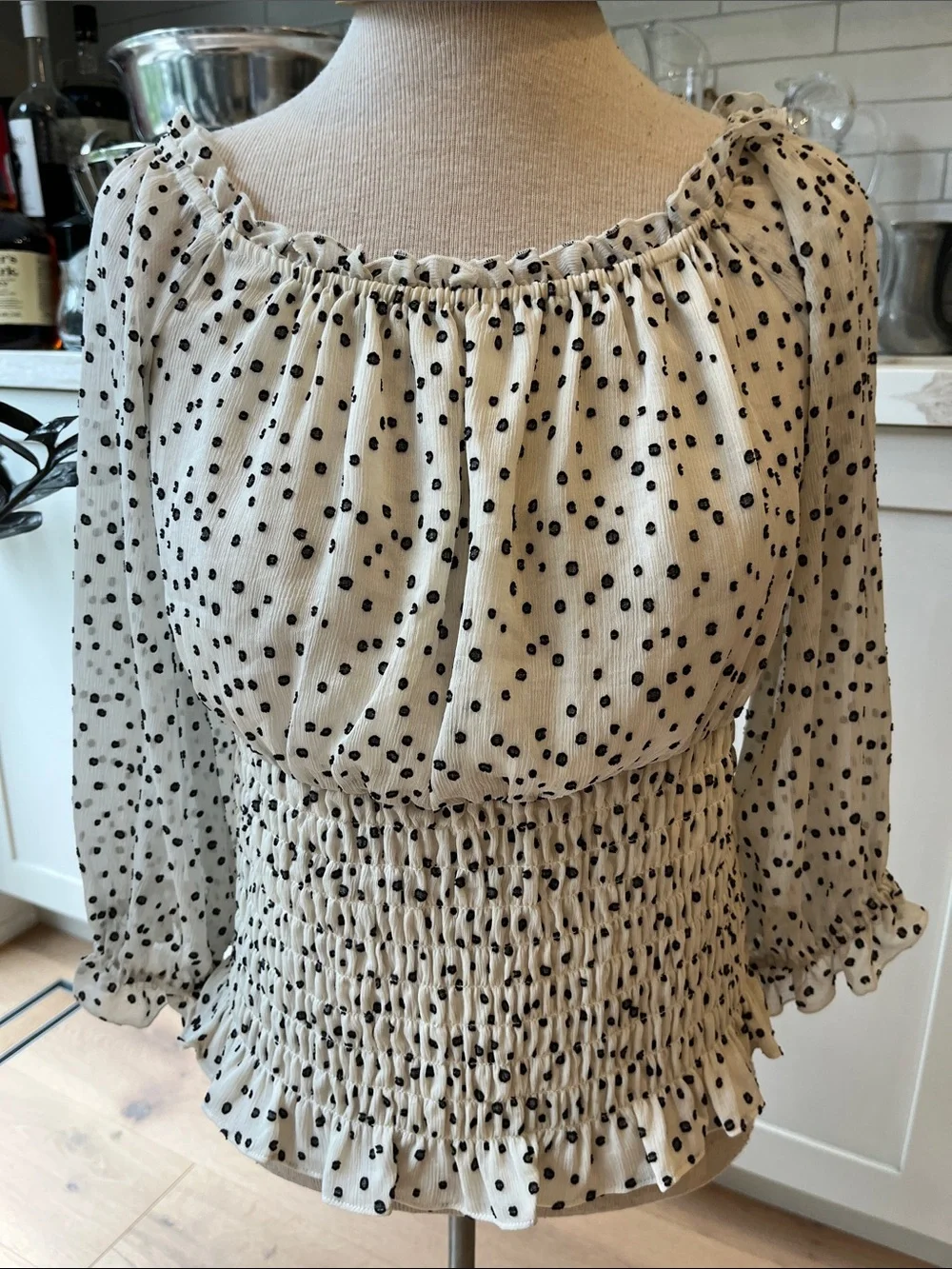 Anthropologie Lucia Cream with Black Polka Dot’s Wide Smocked Waist Top - Picture 2 of 10